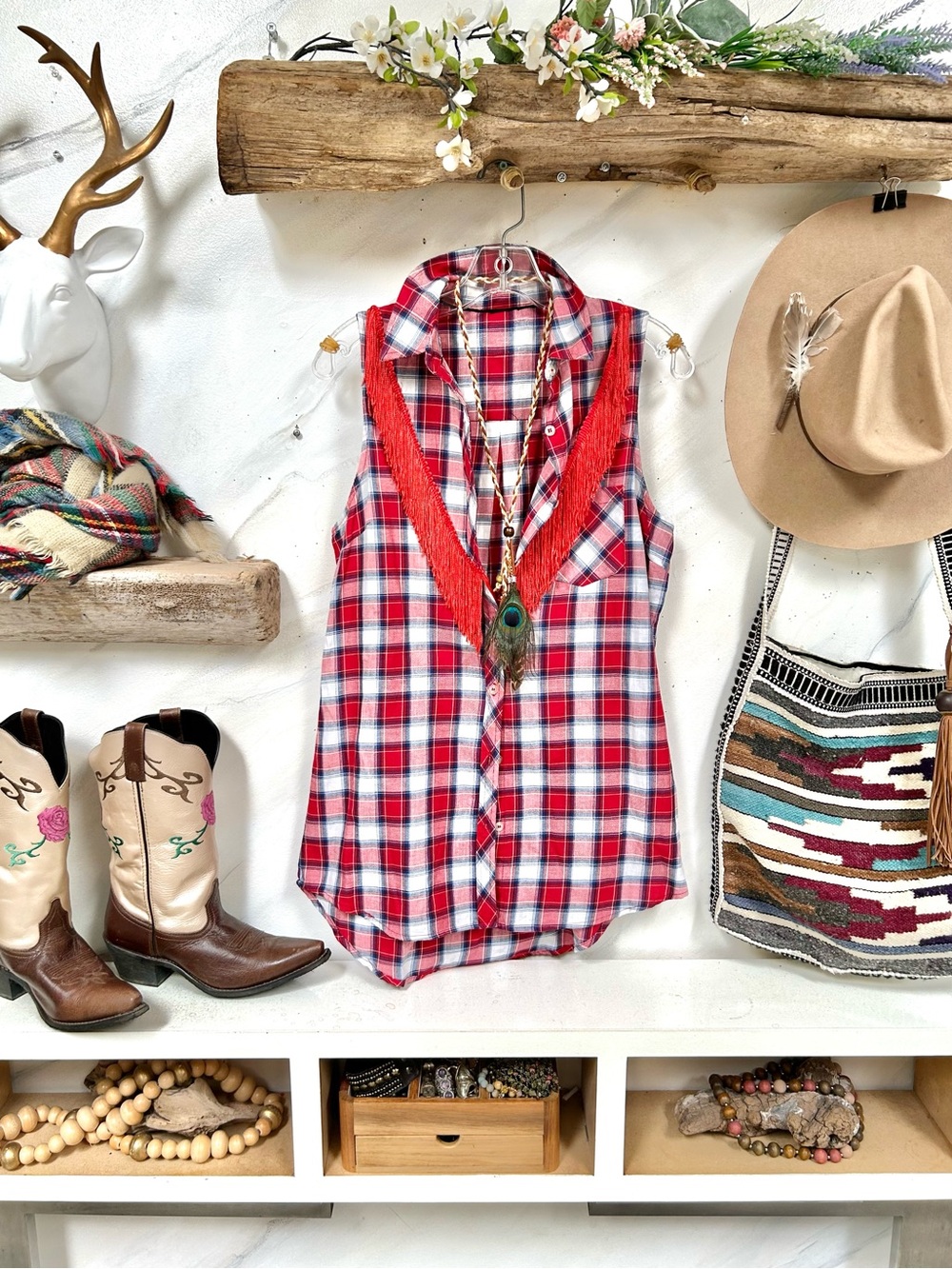 Sleeveless Red Plaid Fringe boho shirt w southwestern country vibe